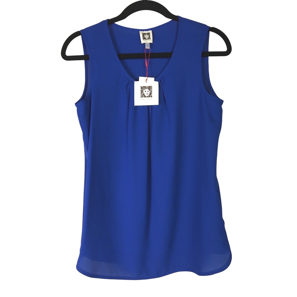 Anne Klein Mariner Blue Sleeveless Pleated Scoop Neck Blouse XS NEW 10654810‎